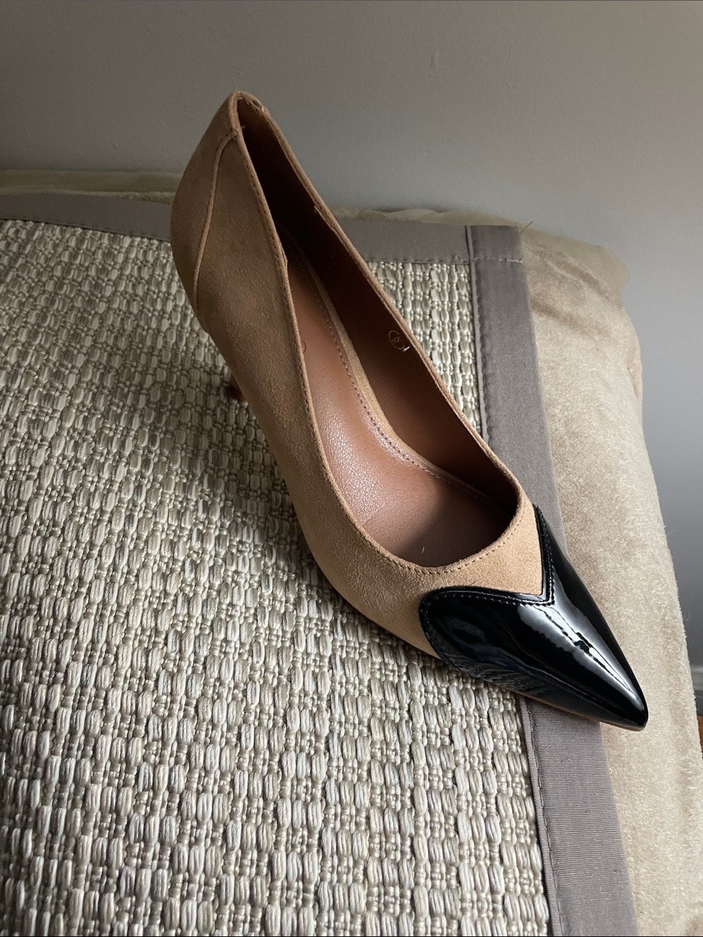 Beige Suede Pointed-Toe Pump with Black Patent Cap